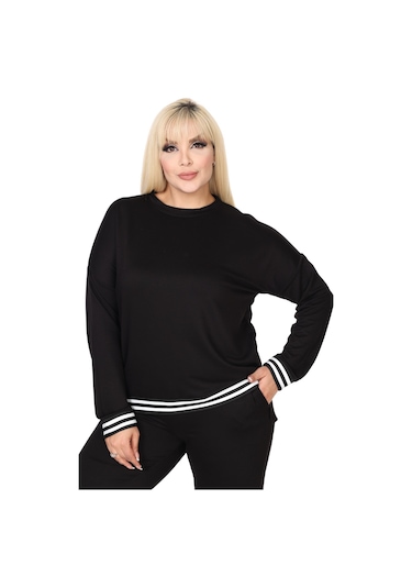 Melsay Butik Siyah Bisiklet Yaka Yakası Şerit Detaylı Eşofman Takımı Siyah