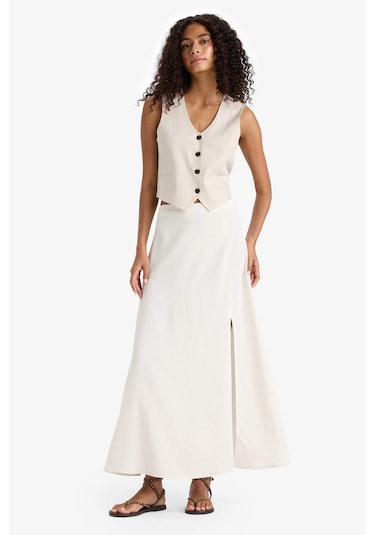 Defacto A Kesim Normal Bel Yırtmaçlı Keten Karışımlı Maxi Etek E6024ax25smbg217 Bej