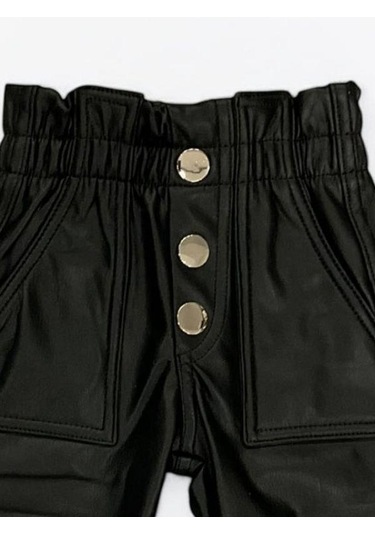 Kız Çocuk Deri Şardonlu Tayt Pantolon-15044 Siyah