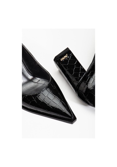 Suins Premium Kevin Model Kadın Kalın Topuklu Kroko Stiletto Ayakkabı Siyah