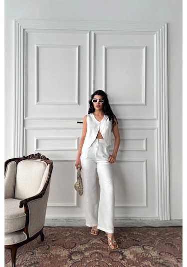 Keten Tek Düğme Yelek-pantolon Takım - Beyaz Beyaz