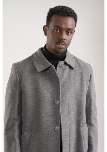 Yakalı Klasik Kesim Düğmeli Uzun Kaşe Erkek Kaban Gri