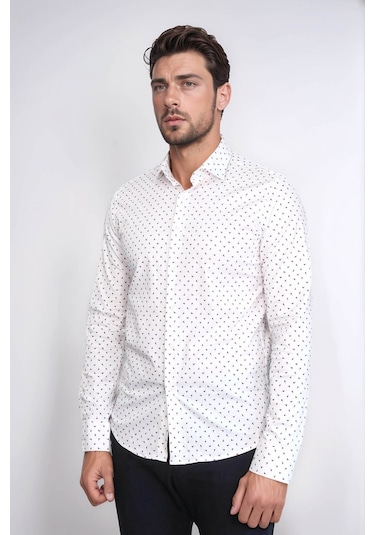 Minimal Bordo Motifli Beyaz Erkek Gömlek Wessi Beyaz