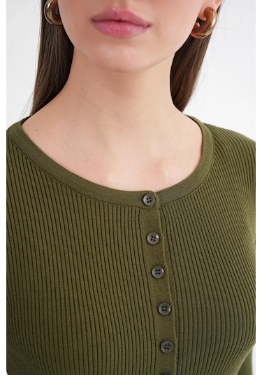 6931 Kadın Düğmeli Fitilli Triko Hırka Haki Haki