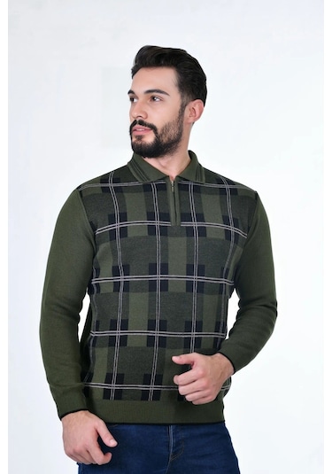 Kamalı Erkek Çelik Örgü Oduncu Desenli Gömlek Yaka Fermuarlı Polo Yakalı Tüylenmez Triko Kışlık Baba Kazak Haki