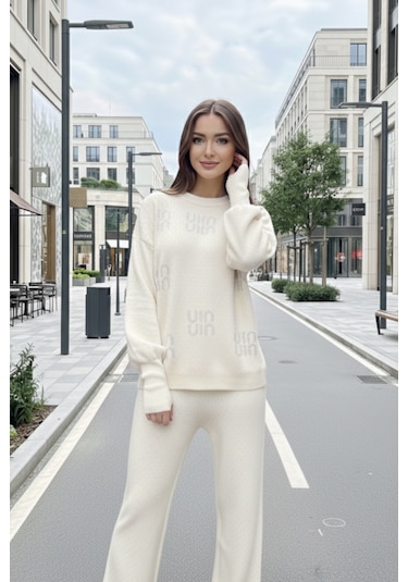 Newco Taş Baskılı Kadın Alt Üst Takım Oversize Kazak Pantolon Set Bej