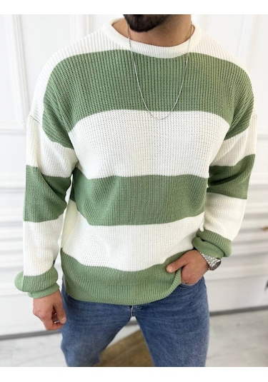 Kazak Oversize Tüylenmez Naturel Pamuk Örme Triko Kazak Haki - Yeşil