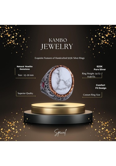 Gerçek Doğal Taş Yüzük - El Yapımı 925 Ayar Gümüş Yüzük - El Yapımı Yüzük Howlite Gümüş