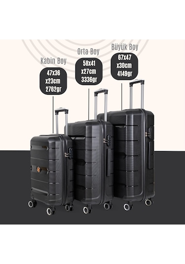 Npo Diamond Pp Polipropilen Kabin, Orta Ve Büyük Boy 3'lü Kırılmaz Valiz Seti-siyah Siyah
