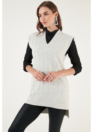 Lela V Yaka Uzun Triko Bayan Süveter 4616088 Kar Gri