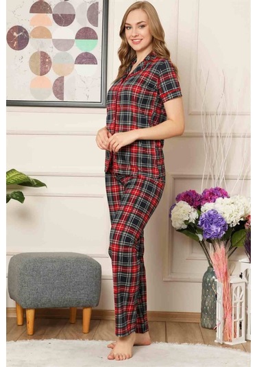 Dreamy Ekoseli Pamuklu Biyeli Kısa Kollu Gömlek Pijama Takımı Siyah Bordo Siyah - Bordo