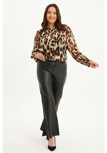 Suni Deri Yanı Yırtmaçlı Pantolon-1650 Siyah