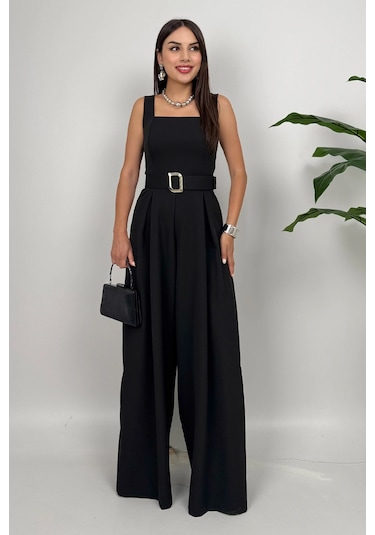 Noir Flow Kadın Siyah Kemerli Askılı Bol Paça Tulum Zarif Şıklık Siyah
