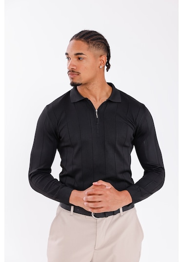 Monox Erkek Yarım Fermuarlı Polo Yaka Triko Kazak Siyah