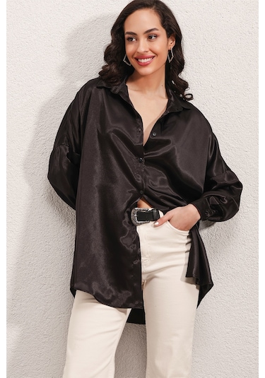 Bigdart 3985 Oversize Saten Gömlek - Siyah 001