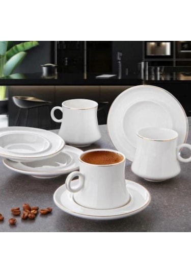 Gönül Dayanıklı Beyaz Gold 6 Kişilik Porselen Fincan Takımı G3488