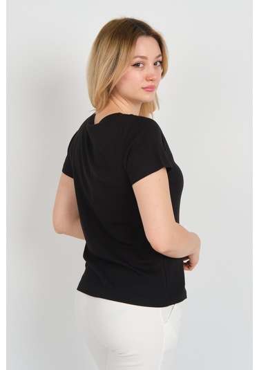 Ella Camelia Kadın Açma Yaka Taşlı Ve Desenli Pamuklu Bluz 23e010 Siyah Siyah