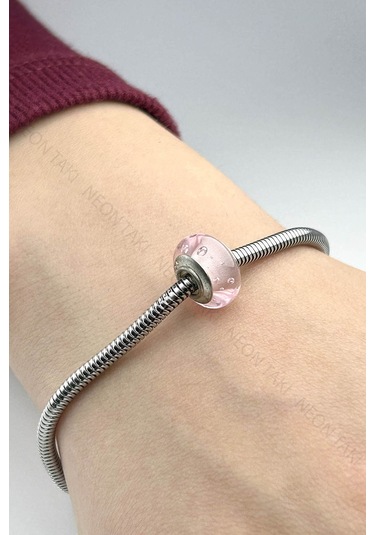Pembe Cam, Pan Bileklik İçin Çelik Charm 48, Gümüş Renk Bileklik Dahil Değildir Gümüş