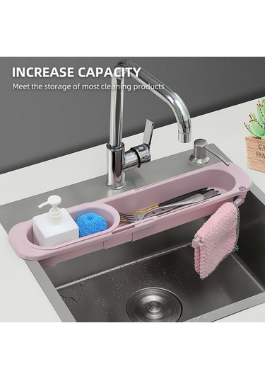 Jeemson Pembe Genişletilebilir Lavabo Süzgeç Sepeti - Bölmeli Su Akışı, Havlu Asma Çubuğu, Mutfak Hijyen Aleti Pembe