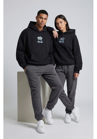 Nevermind Unisex Sevgili Çift Kombini Oversize Sırt Baskılı Grafik Hoodie Siyah