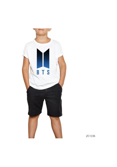 Bts Blue Logo Beyaz Çocuk Tişört Siyah