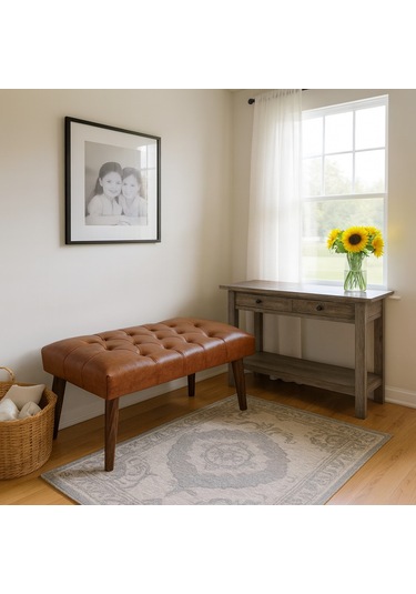 Bench - Deri Kumaş - 45x90 - Ahşap Ayaklı Modern Bank - Taba