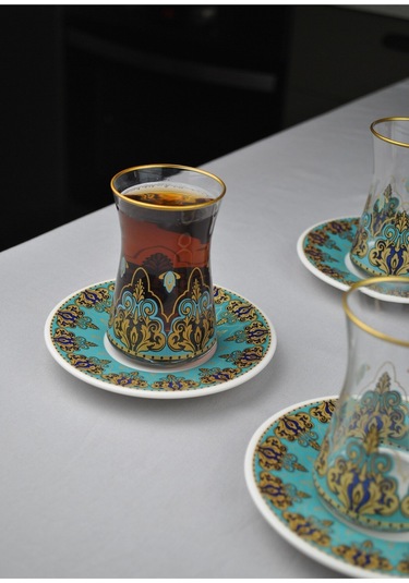 12 Parça 6 Kişilik Lüx Cam Çay Seti Gold Detaylı Altın Renk İşlemeli Lüks Çay Takımı Turkuaz