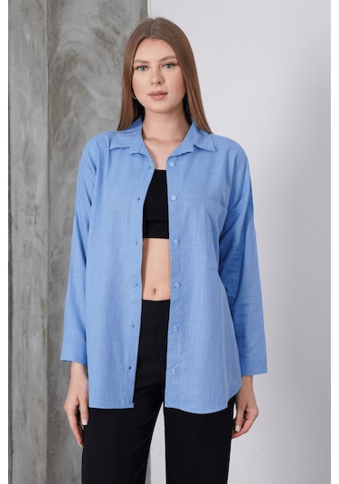 Paw Garage Kadın London Keten Tek Cepli Oversize Gömlek, Premium Kalite Keten Gömlek Mavi