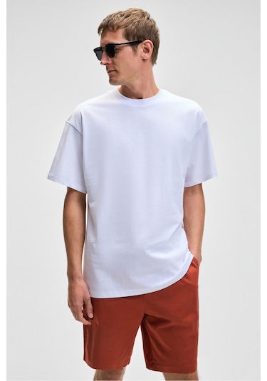FEON Erkek Oversize Geniş Kesim %100 Organik Pamuk Kalın Dokulu Yuvarlak Yaka Beyaz T-Shirt