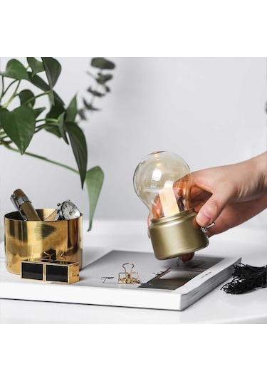 Cbtx Retro Ampul Şekli Başucu Masaüstü Led Lamba Şarj Edilebilir Abs + Cam Gece Lambası - Altın