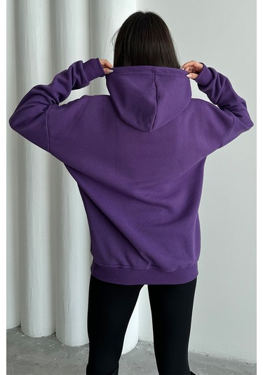 Kadın Mor Renkli Believe Baskılı Oversize Kapüşonlu Sweatshirt Mor