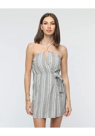 Kuşaklı Çizgili Mini Keten Elbise Gri