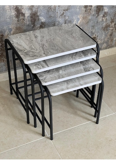 Aslanstore 4'Lü Metal Zigon Sehpa Gri Mermer