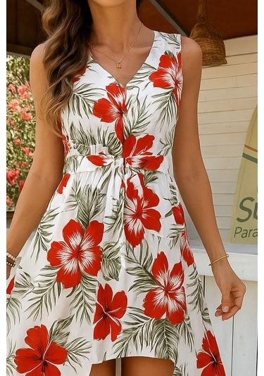 Soonaksesuar Kadın Kolsuz V Yakalı Desenli Süprem Tulum Elbise Çok Renkli