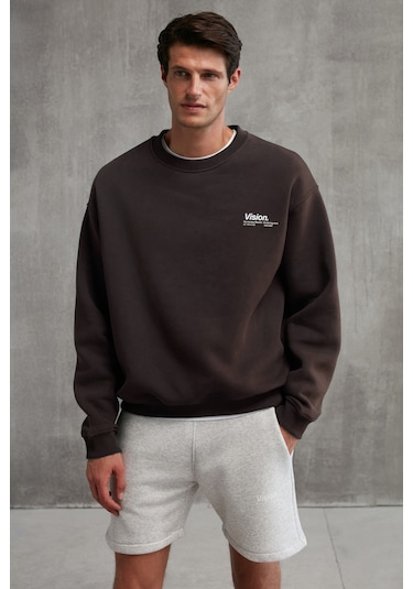 Ernest  Erkek Organik Pamuklu Yumuşacık Baskı Detaylı Bisiklet Yaka İçi Polarlı Kahverengi Sweatshirt