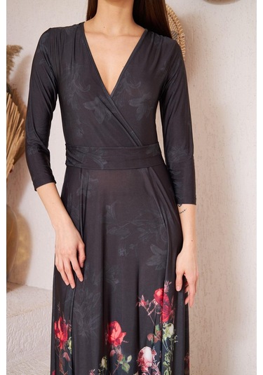 Darlin Moda Siyah Kruvaze Kırmızı Çiçek Desenli Abiye Elbise Dm1016