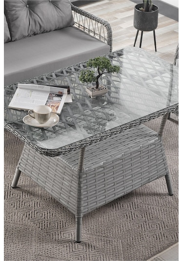 Breda Rattan Örgü Bahçe Balkon Takımı 2+1+1 Cam Masalı Gri Gri