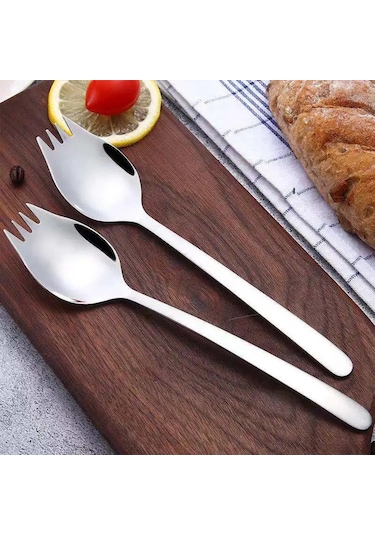 Lemestar 2'li Tuzaklı Çatal Kaşık Seti, 304 Paslanmaz Çelik, Salata Tatlı Kek İçin, Seyahat Kamp Günlük Kullanım, Yemekhane Gereci Gümüş