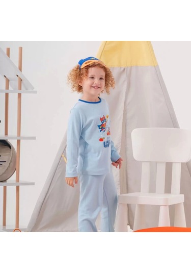 Süper Heros Çanta Ve Maskeli % 100 Pamuk Erkek Çocuk Pijama Takımı Mavi