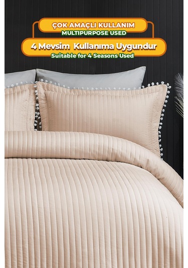 Evlen Home Collection Ponponlu Çift Kişilik %100 Pamuk Yatak Örtüsü Pike Takımı Bej