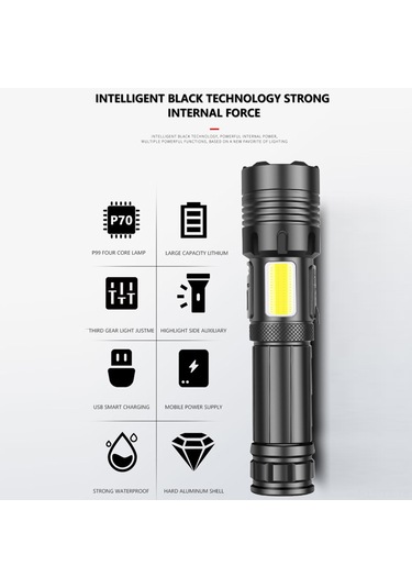 Yunboo Alüminyum Alyuminyum El Feneri Xhp70.2, 3+4 Mod, Teleskopik Yakınlaştırma, Type-c Şarj, 26650/18650 Pil Seti Usb Kablosu + Kutusu Siyah