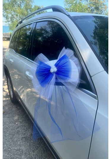 10 Adet Beyaz Mavi Kristal Tül Beyaz Latex Gül Kuyruk Detaylı Düğün Nikah Kına Sünnet Konvoy Süsü Beyaz Mavi