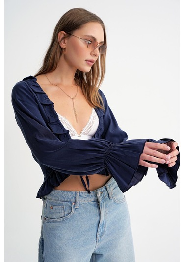 4712 Kadın Volanlı Modal Bolero Bluz Lacivert Lacivert