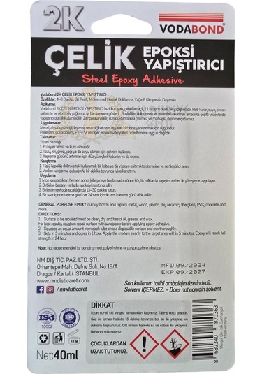 Vodabond Isıya Dayanıklı Çok Amaçlı Epoksi Çelik Yapıştırıcı 40 Ml.