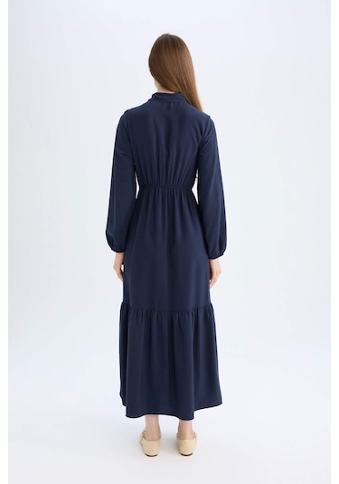 Defacto Gömlek Yaka Basic Düz Düğmeli Beli Büzgülü Uzun Kollu Maxi Lacivert Elbise D5851AX24AUNV31 Lacivert