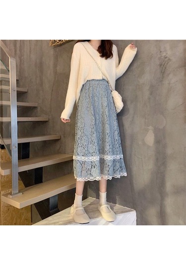 Sonbahar Ve Kış Yüksek Belli Dantel Etek Orta Boy Tüm Maç Düz Renk Çiçek Açık Mavi