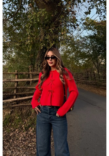 Kırmızı Fiyonk Boncuk Detaylı Hırka - 251072 Kırmızı