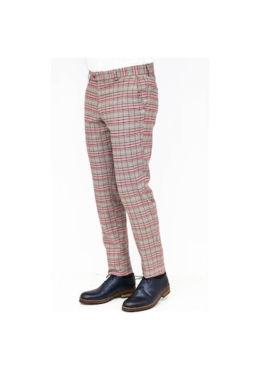 Wessi Kırmızı Ekose Desenli Slim Fit Gri Erkek Pantolon Gri