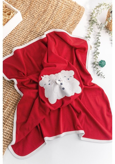 Ayıcık İşlemeli Puantiyeli Çift Katlı Kız/erkek Bebek Battaniye Kırmızı