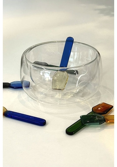 İronika 6lı Renkli Cam Kaşık Borosilikat Isıya Dayanıklı Özel Tasarım Çay Kahve Tatlı Kaşığı Altıgen Açık Mavi